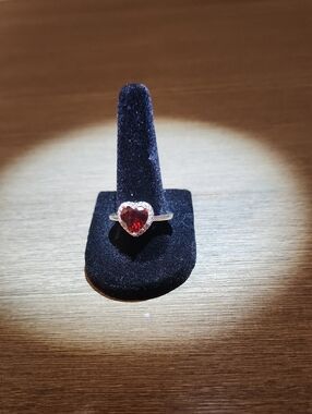 Brand New Heart Shaped Red Gemstone Ring with Silver Band Cubic Zirconia Accents